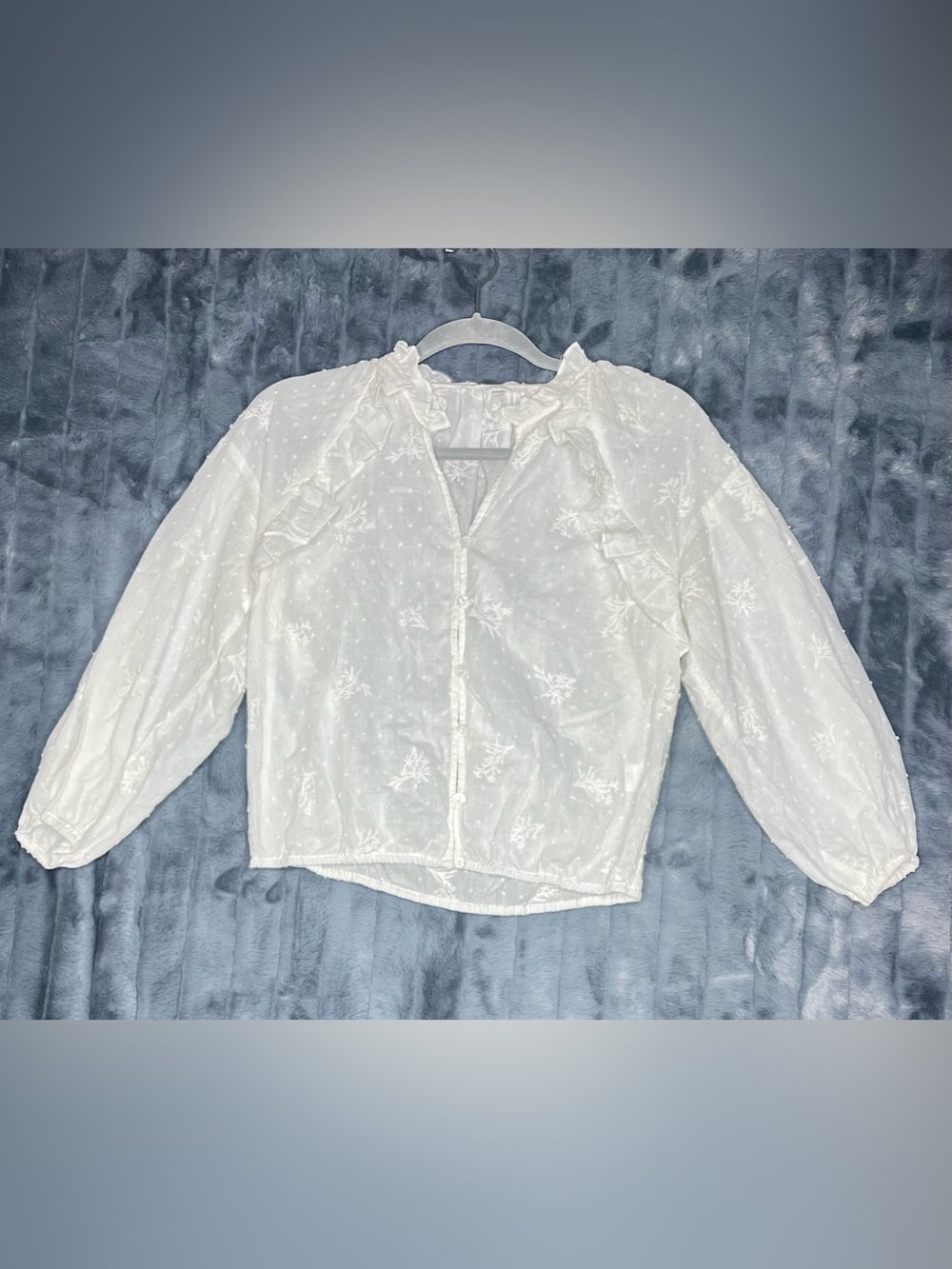 Lulumari White Embroidered Cotton Blouse L Ruffle Neck Sheer Boho Cottagecore